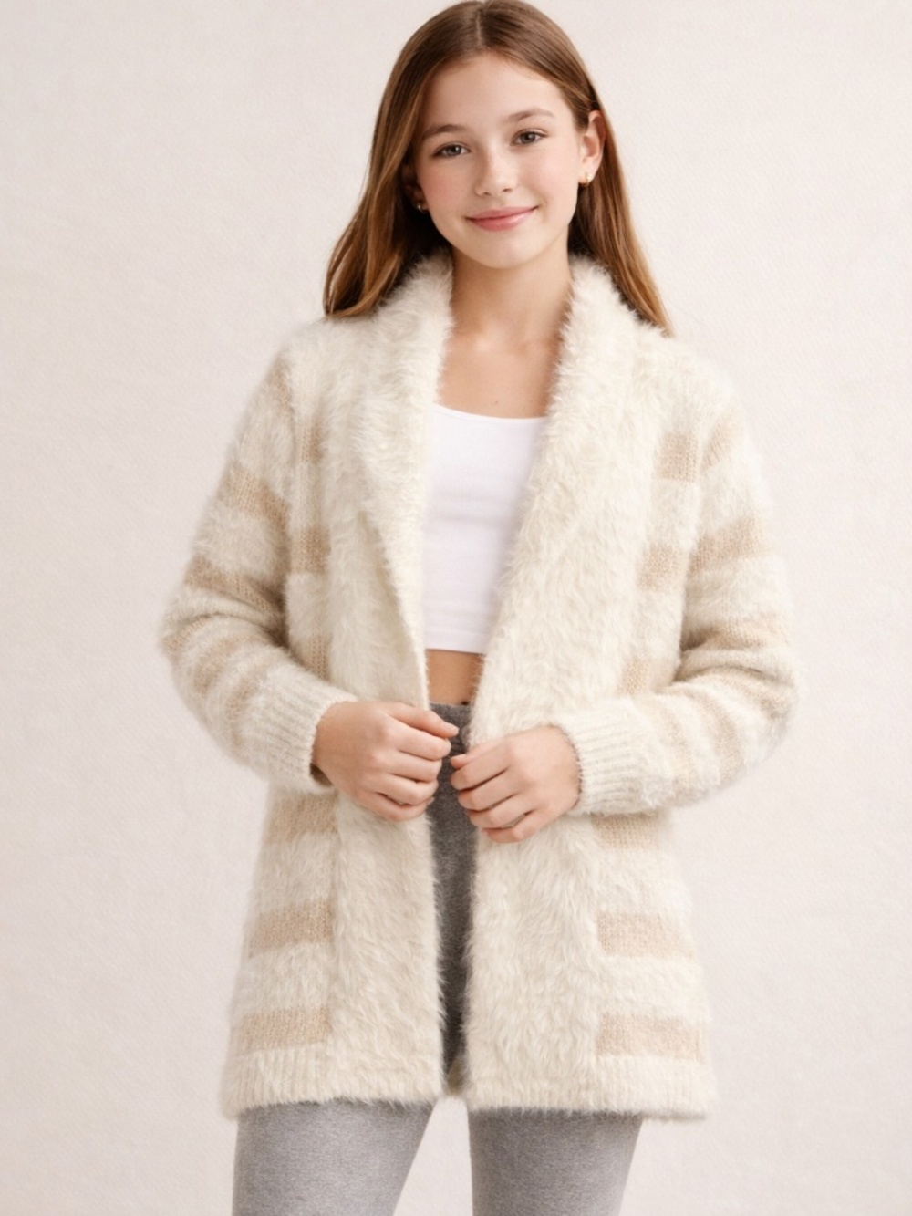 Girls Faux Fur Cardigan Sweater Size 12 Cream Cozy Layering Top Lulurain